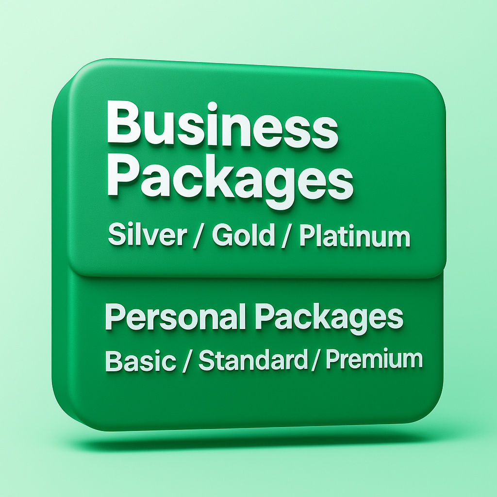 Business Packages (Silver Gold Platinum) Personal Packages (Basic Standard Premium)